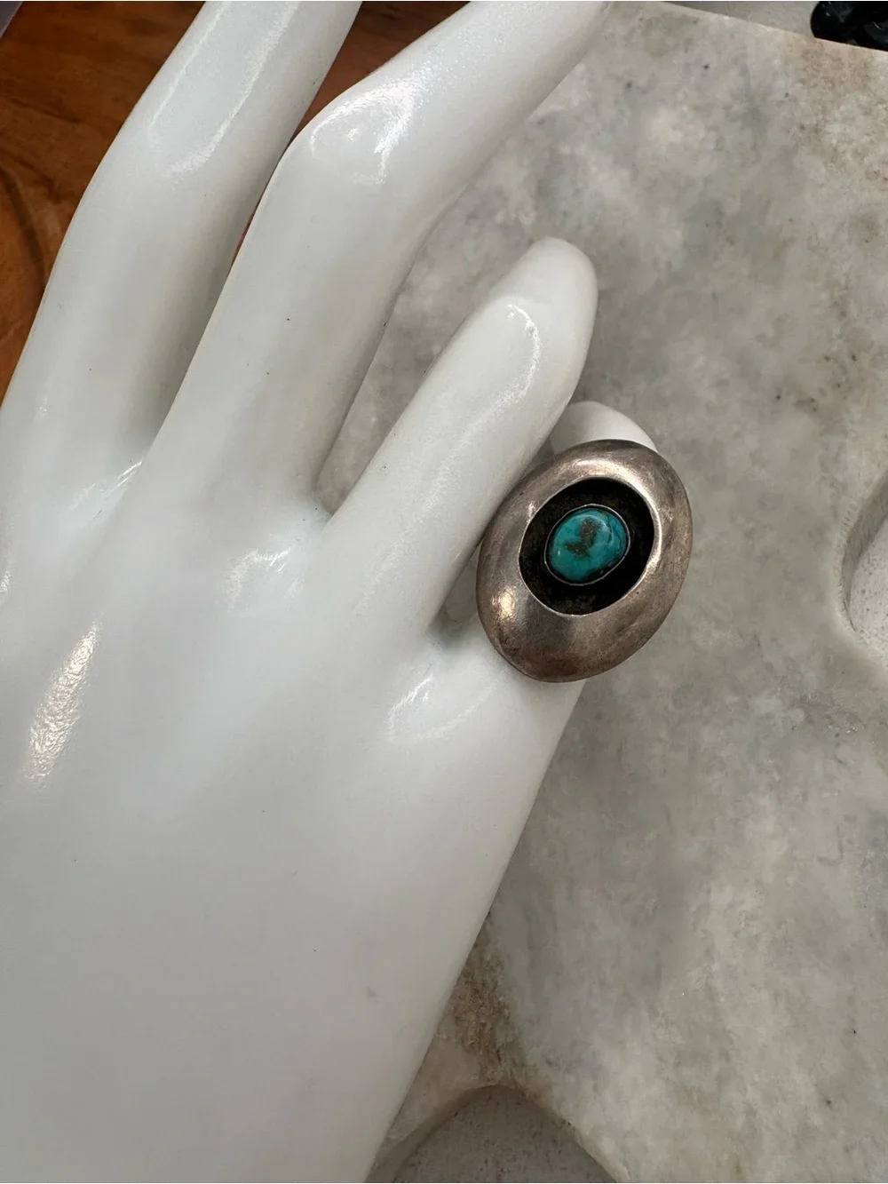 Vintage Silver Ring with Turquoise Oval Stone - Size 3.5